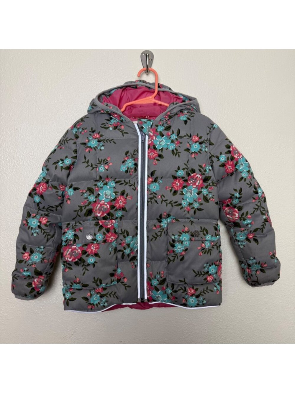 Hanna Andersson Girls Floral Puffer Jacket Gray With Pink & Blue Sz 110 US 5